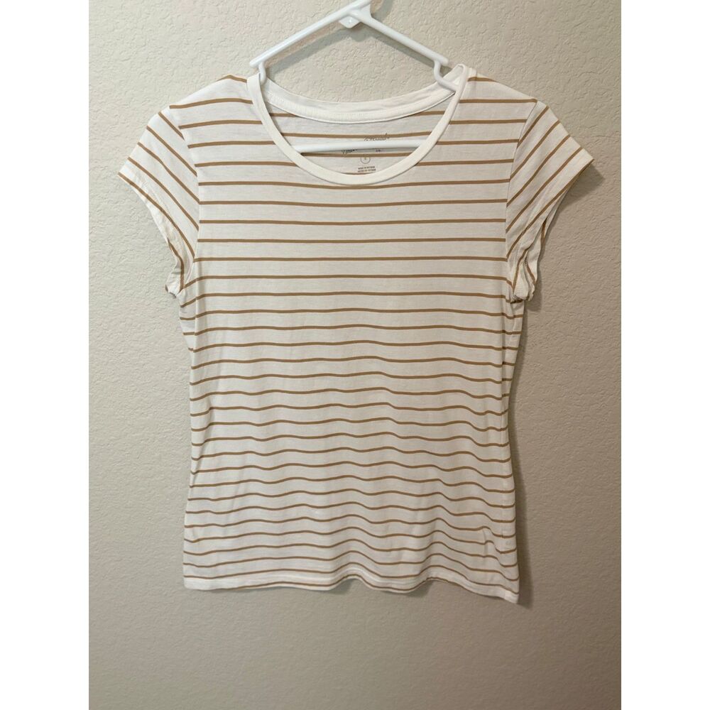 Universal Thread Tan White Striped Crew Neck Tee Womens Size Small Casual Basic